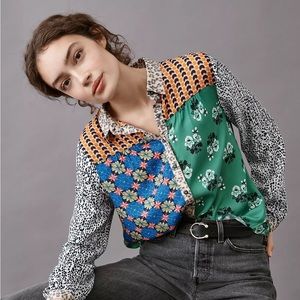 NEW Maeve Fern Contrast Mixed Print Buttondown Blouse Size Medium Petite Z391-19